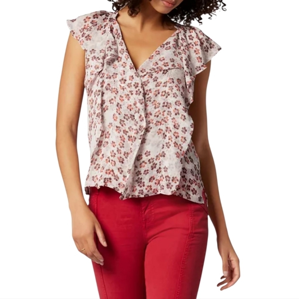 Joie Raquel Silk V-neck Floral Blouse in Gray Lilac Multi, Small